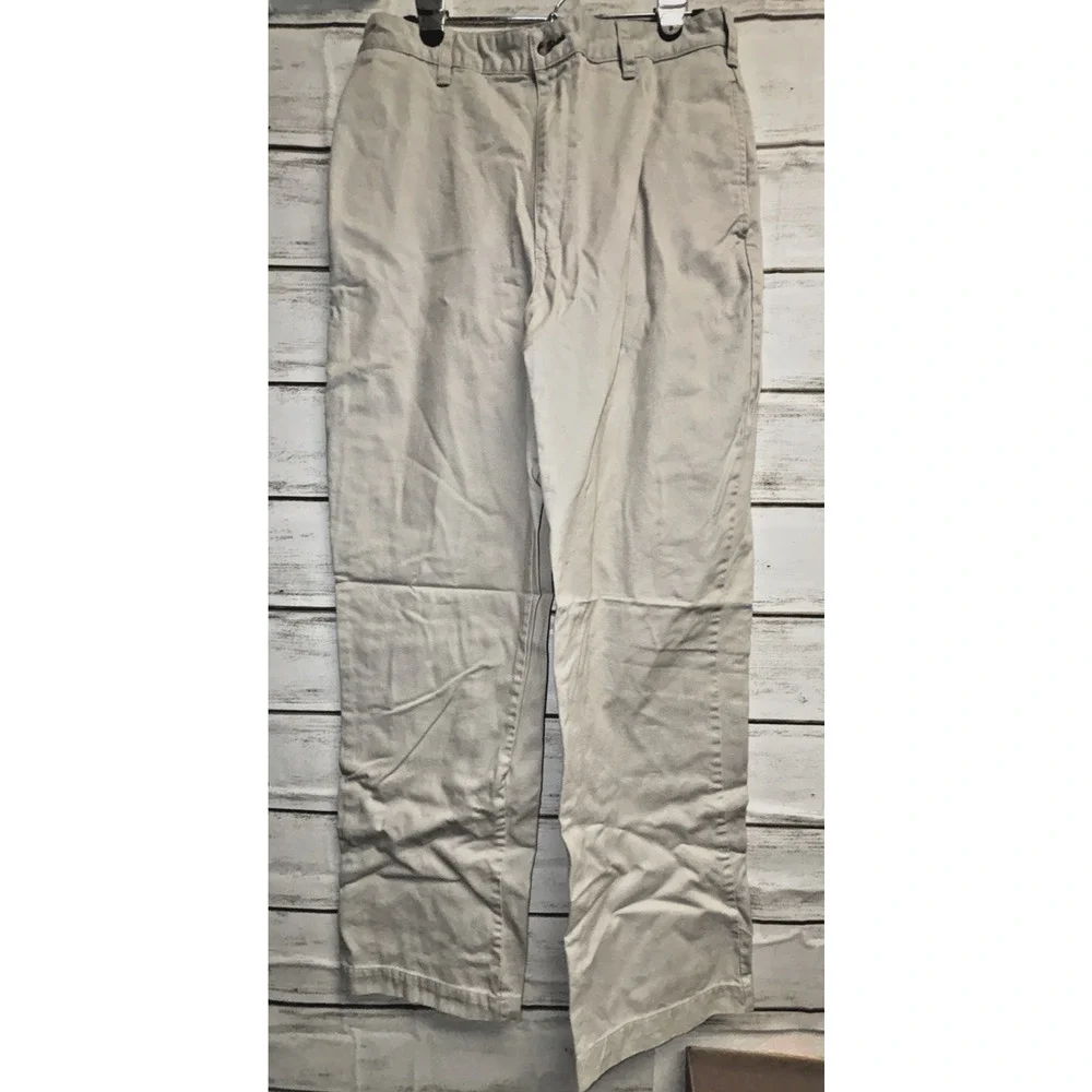 33X33 Tommy Hilfiger Tan Khaki Chino Pants Mens Flat Front Logo Flag Cotton EUC